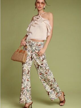 Avec Les Filles Cream Botanical Wide-Leg Pants